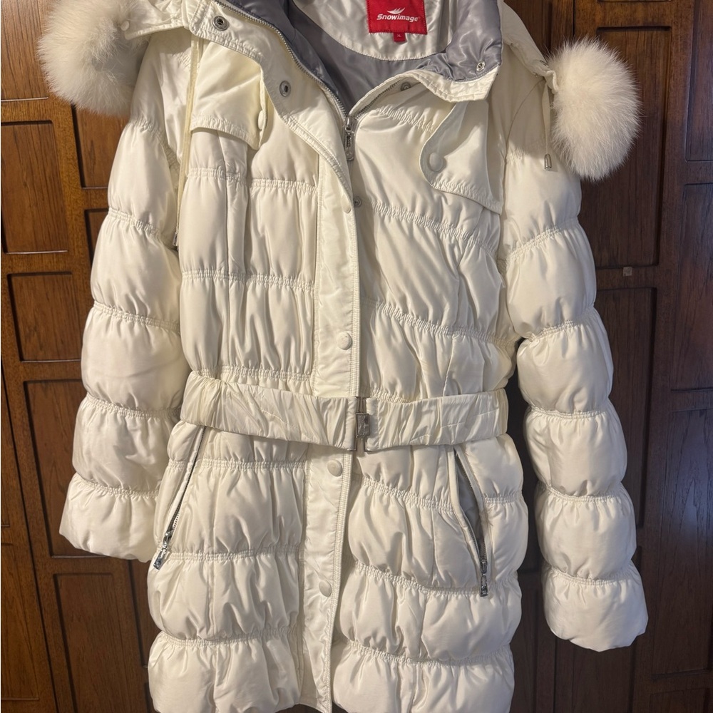 Snowimage Cream Puffer Coat with real Real Fur Trim XL